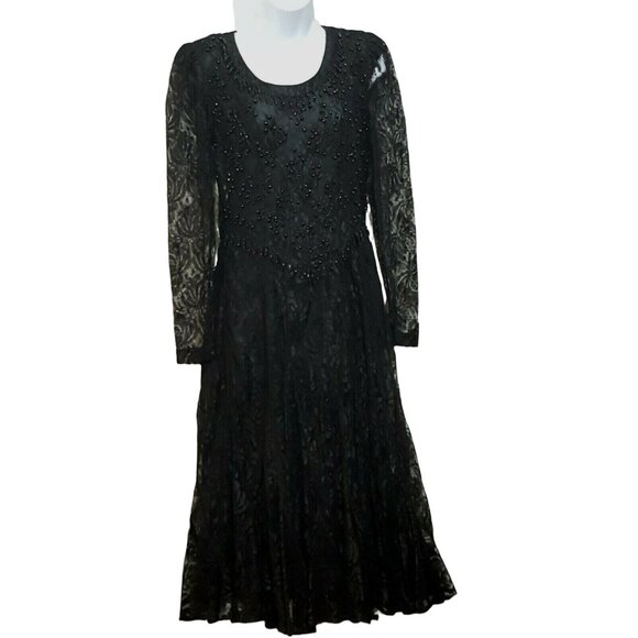 Vintage Lace Dress 10P Beaded Black Lined Zip Gothic Wedding Goth Tea Length - Picture 2 of 11